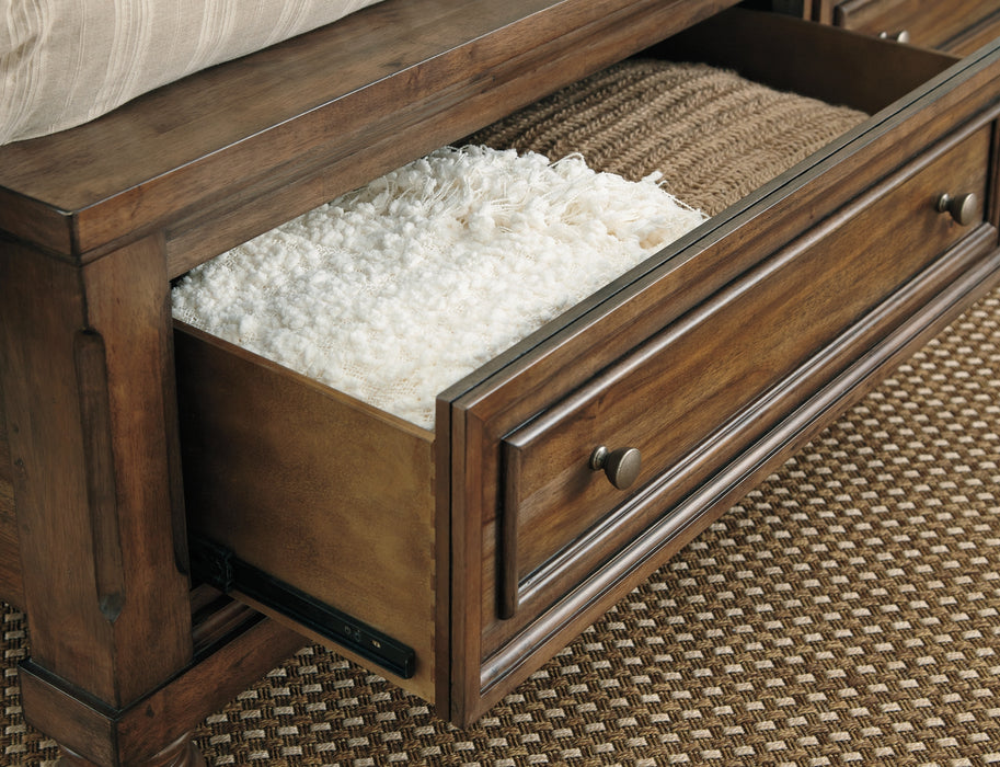 Flynnter Queen Panel Bed with 2 Storage Drawers with Mirrored Dresser, Chest and Nightstand