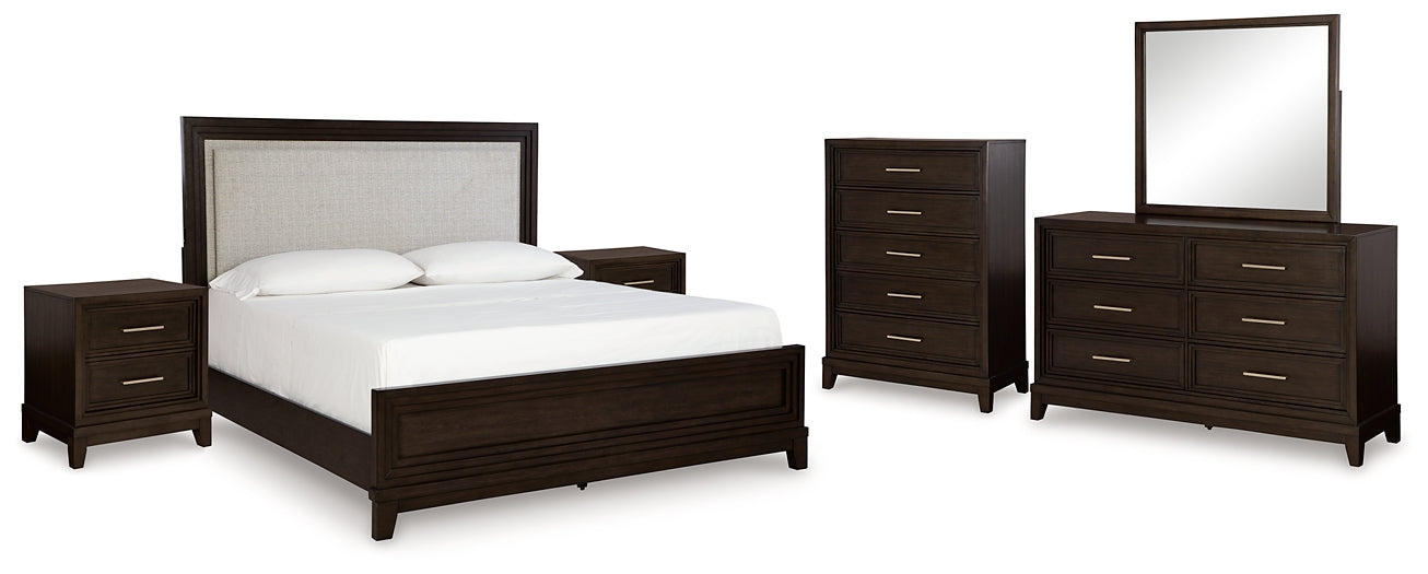 Neymorton King Upholstered Panel Bed with Mirrored Dresser, Chest and 2 Nightstands