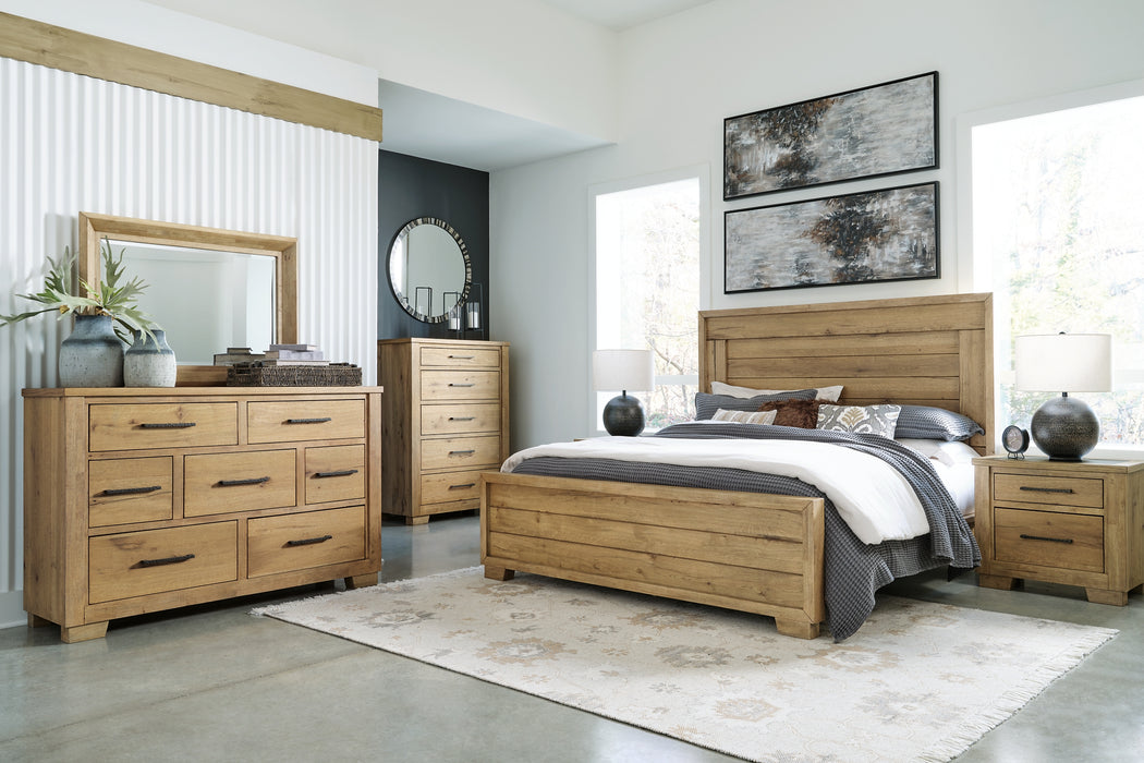 Galliden King Panel Bed with Mirrored Dresser and Nightstand