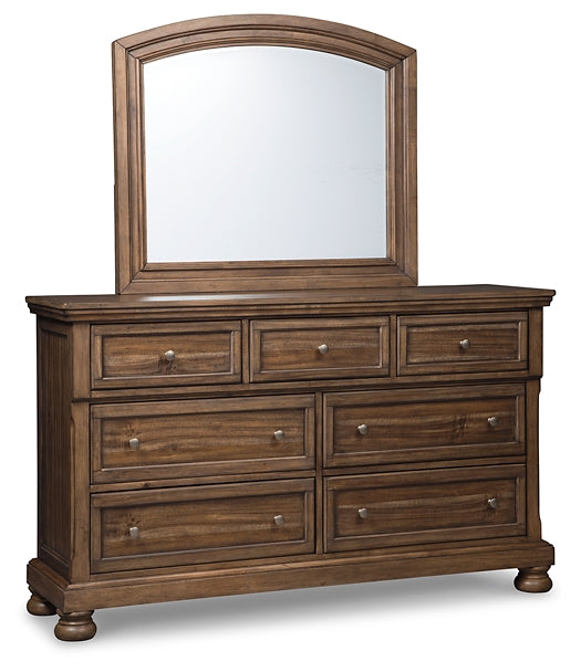 Flynnter Queen Panel Bed with 2 Storage Drawers with Mirrored Dresser, Chest and Nightstand