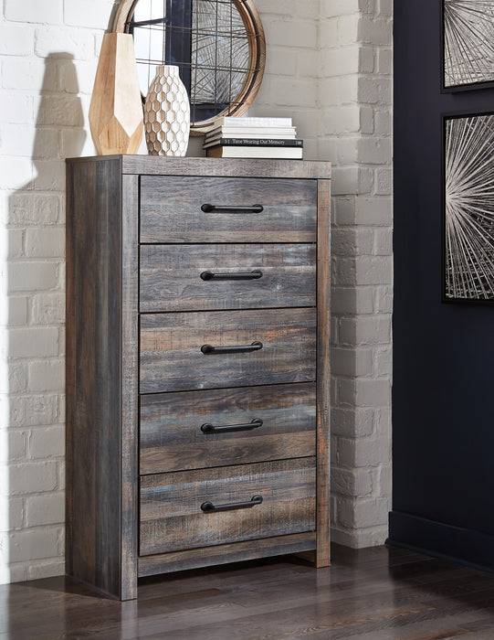 Drystan Queen Bookcase Bed with Mirrored Dresser and Chest