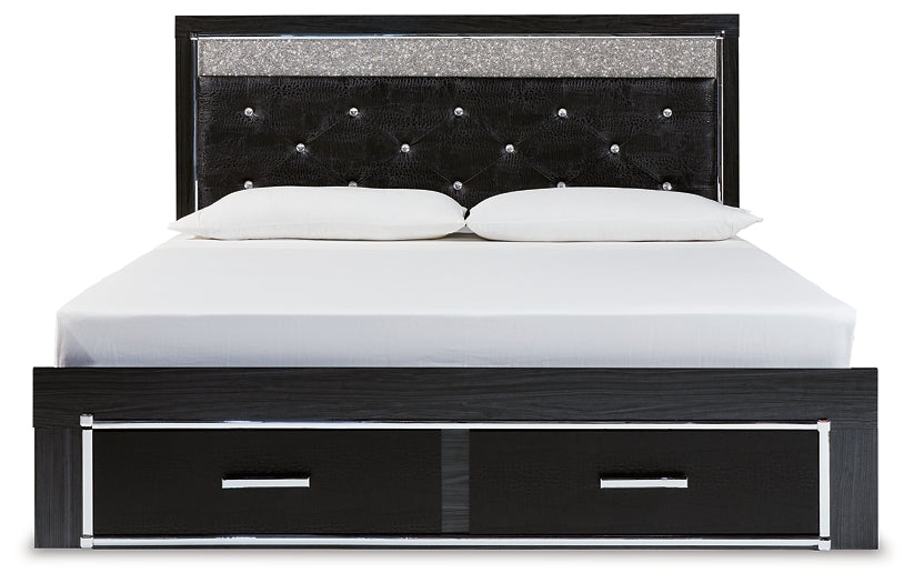 Kaydell King Upholstered Panel Storage Platform Bed with Mirrored Dresser, Chest and Nightstand